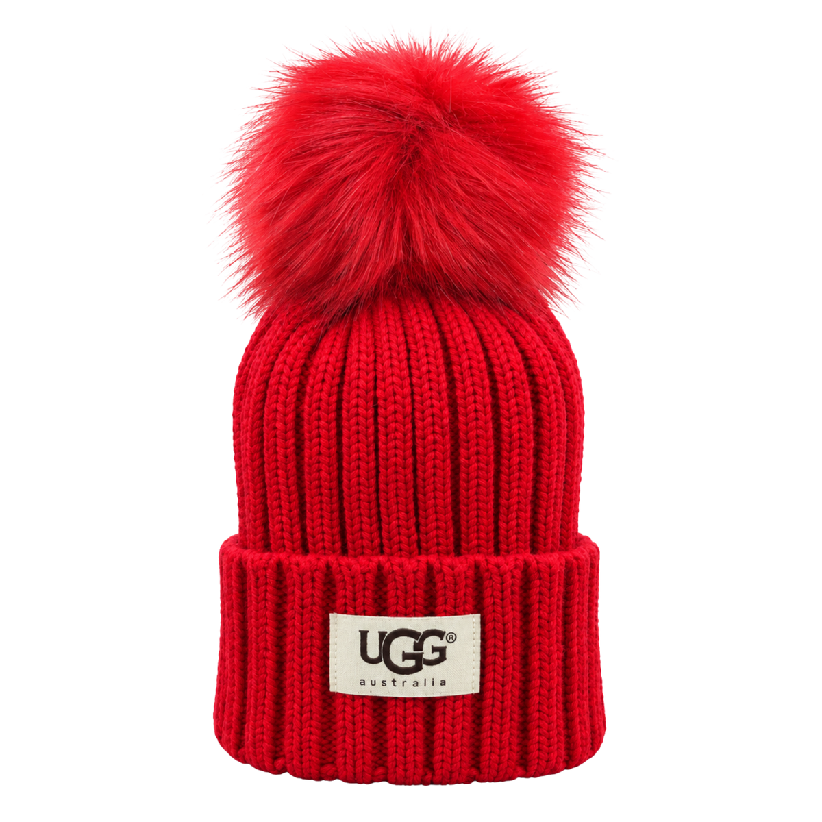 UGG Australia Faux Fur Pom-Pom Ribbed Beanie – Red