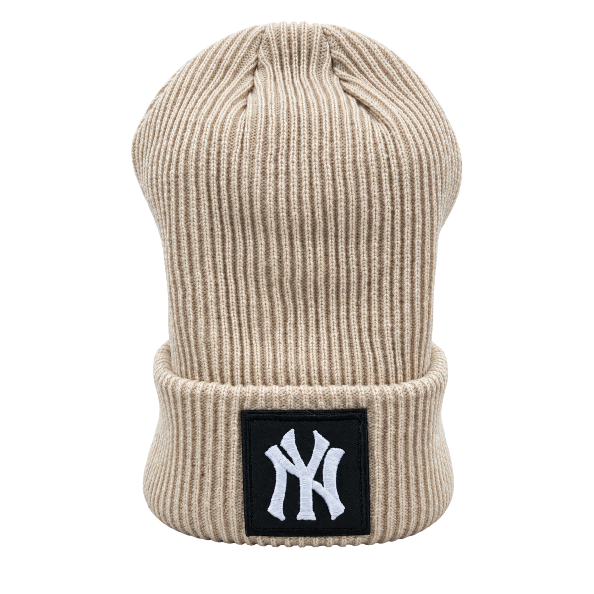 New York Yankees Patch Ribbed Beanie – Beige, Black & White